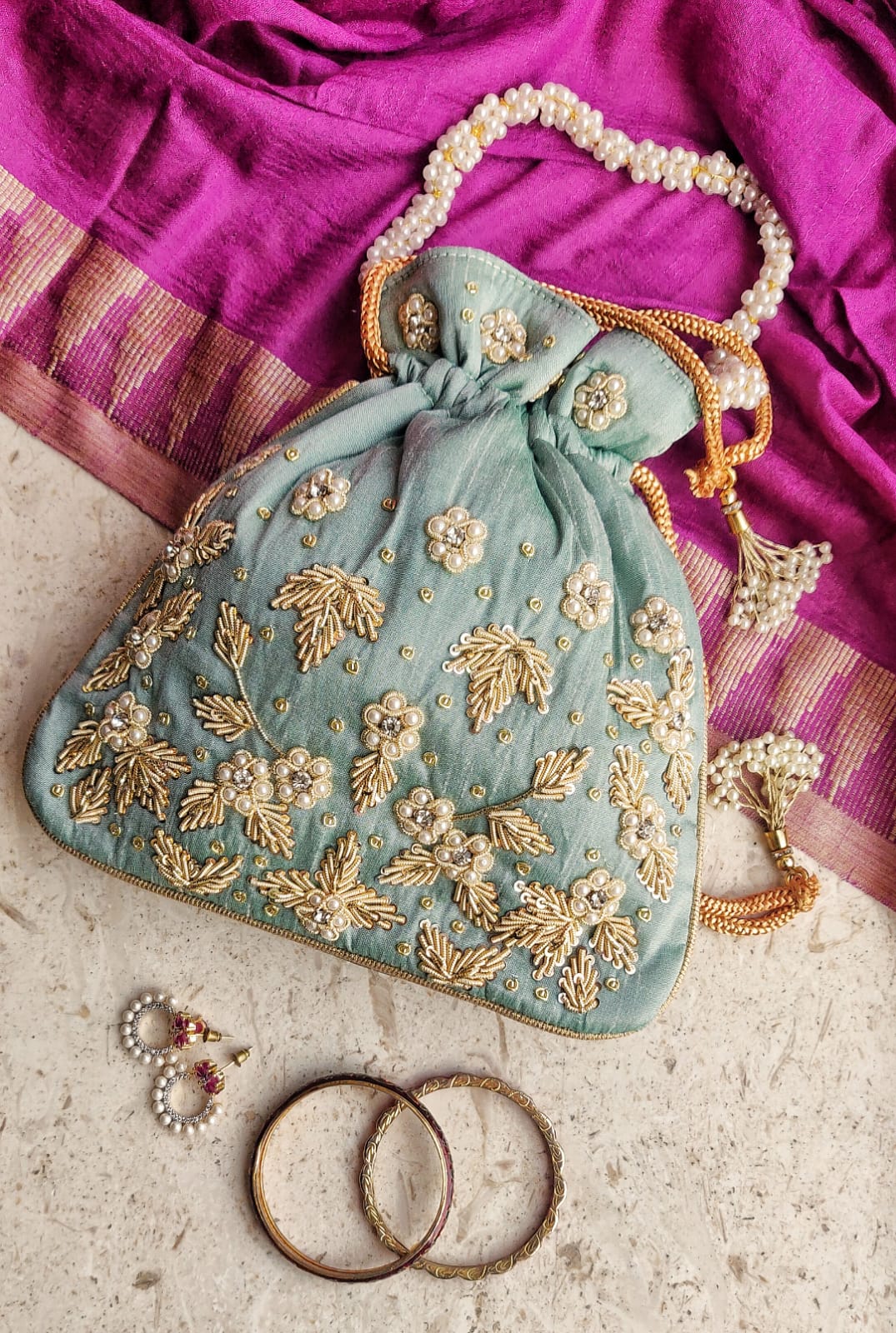 Zari Embroidered Maroon Potli Bag By Estonished | ESTFABPB-1586 | Cilory.com