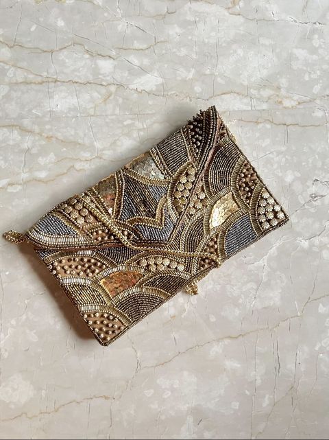 Golden clutch bag handcrafted, beaded and luxury design with sling ...