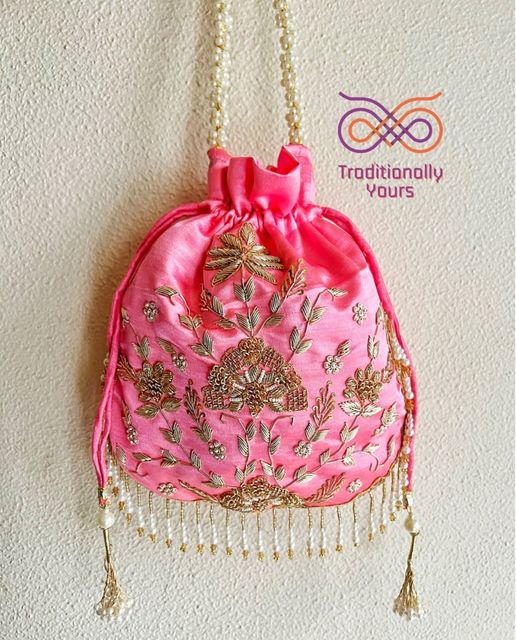 Traditional Handmade Ethnic Potli Purse Handbag Small Bag Embroidery Work  for Women's (Pink)