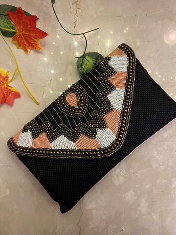 Black Clutch purse with exclusive beaded handwork and design for women, 1  compartment - Traditionally Yours