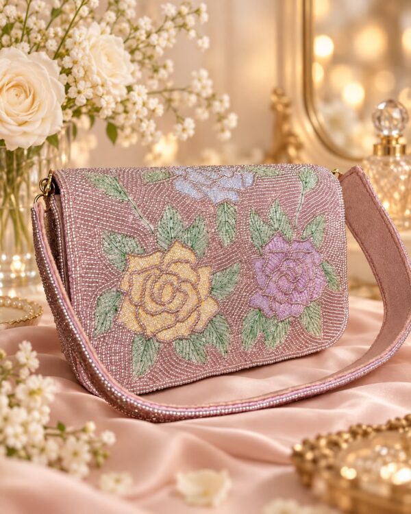 Floral rose design clutch bag, handcrafted