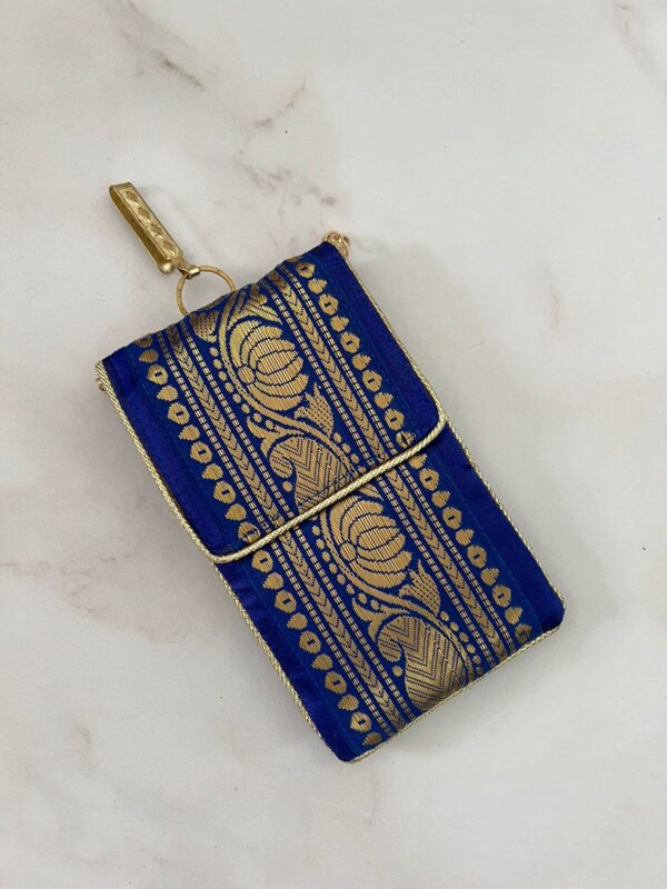 Handcrafted Banarasi brocade mobile sling bag with ethnic design, perfect for carrying essentials at weddings, parties, and casual outings."
